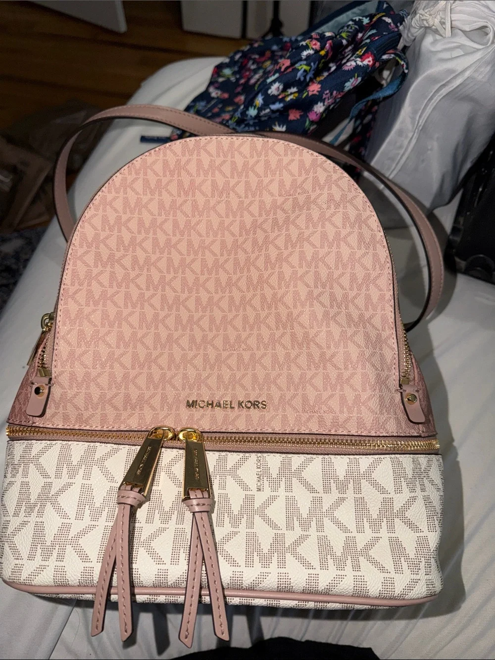 Michael Kors Pink and Cream Signature Dome Backpack
